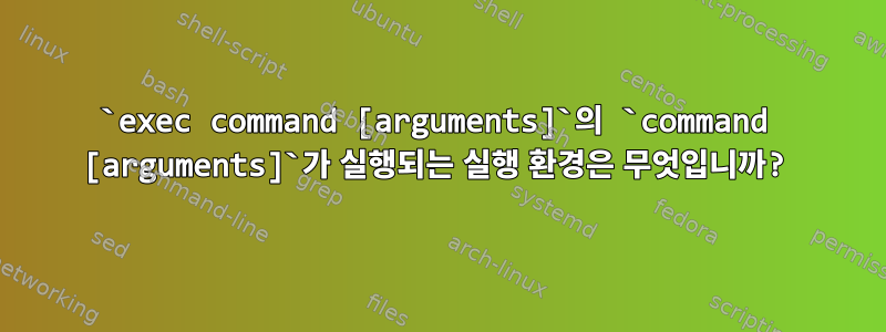 `exec command [arguments]`의 `command [arguments]`가 실행되는 실행 환경은 무엇입니까?