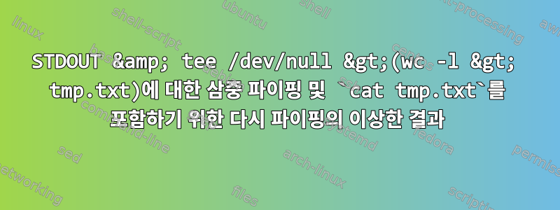 STDOUT &amp; tee /dev/null &gt;(wc -l &gt; tmp.txt)에 대한 삼중 파이핑 및 `cat tmp.txt`를 포함하기 위한 다시 파이핑의 이상한 결과