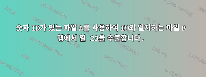 숫자 ID가 있는 파일 A를 사용하여 ID와 일치하는 파일 B 행에서 열 23을 추출합니다.