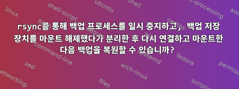 rsync를 통해 백업 프로세스를 일시 중지하고, 백업 저장 장치를 마운트 해제했다가 분리한 후 다시 연결하고 마운트한 다음 백업을 복원할 수 있습니까?