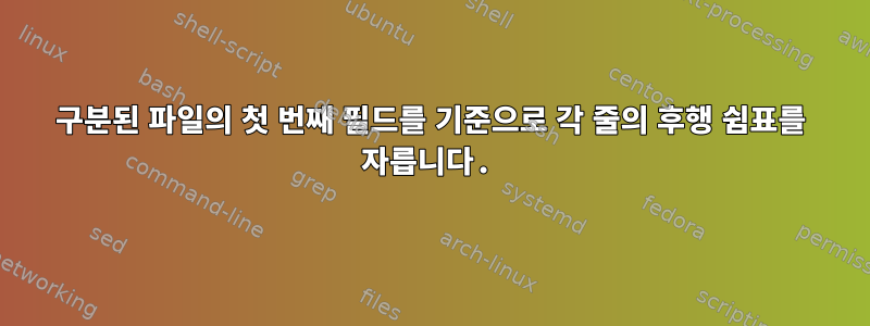 구분된 파일의 첫 번째 필드를 기준으로 각 줄의 후행 쉼표를 자릅니다.