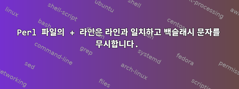 Perl 파일의 + 라인은 라인과 일치하고 백슬래시 문자를 무시합니다.