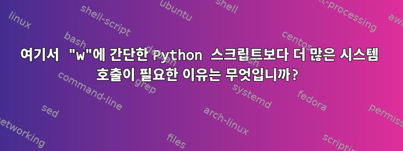 여기서 "w"에 간단한 Python 스크립트보다 더 많은 시스템 호출이 필요한 이유는 무엇입니까?