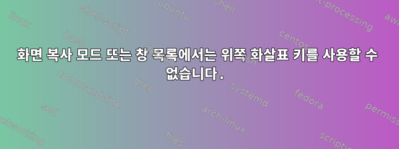 화면 복사 모드 또는 창 목록에서는 위쪽 화살표 키를 사용할 수 없습니다.