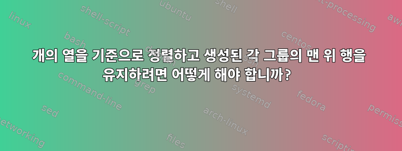 2개의 열을 기준으로 정렬하고 생성된 각 그룹의 맨 위 행을 유지하려면 어떻게 해야 합니까?