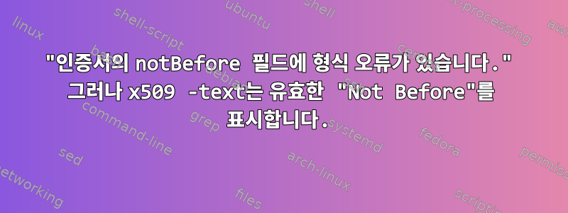 "인증서의 notBefore 필드에 형식 오류가 있습니다." 그러나 x509 -text는 유효한 "Not Before"를 표시합니다.