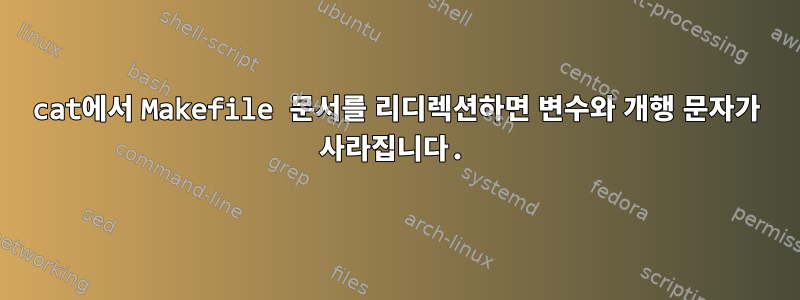 cat에서 Makefile 문서를 리디렉션하면 변수와 개행 문자가 사라집니다.