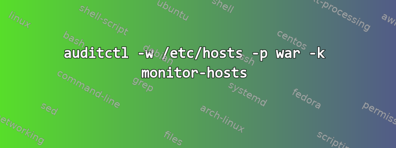 auditctl -w /etc/hosts -p war -k monitor-hosts