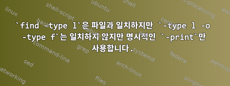 `find -type l`은 파일과 일치하지만 `-type l -o -type f`는 일치하지 않지만 명시적인 `-print`만 사용합니다.