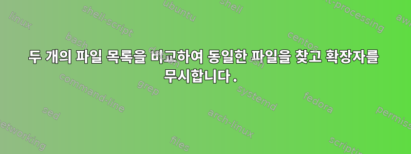 두 개의 파일 목록을 비교하여 동일한 파일을 찾고 확장자를 무시합니다.