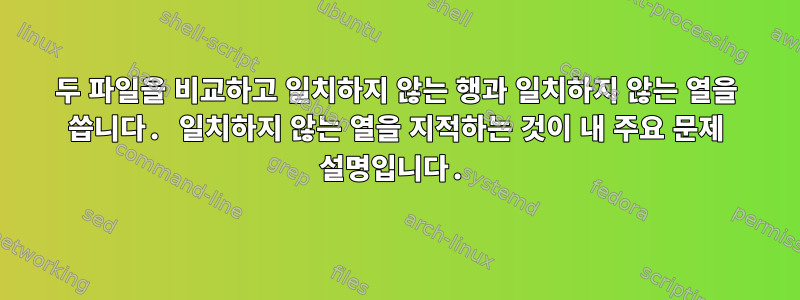 두 파일을 비교하고 일치하지 않는 행과 일치하지 않는 열을 씁니다. 일치하지 않는 열을 지적하는 것이 내 주요 문제 설명입니다.