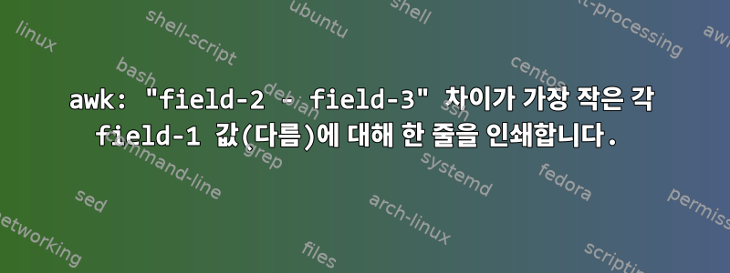 awk: "field-2 - field-3" 차이가 가장 작은 각 field-1 값(다름)에 대해 한 줄을 인쇄합니다.