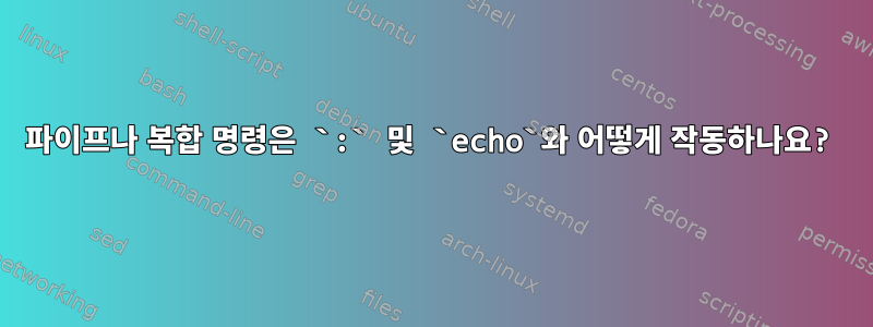 파이프나 복합 명령은 `:` 및 `echo`와 어떻게 작동하나요?