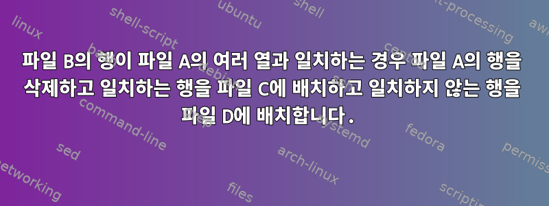 파일 B의 행이 파일 A의 여러 열과 일치하는 경우 파일 A의 행을 삭제하고 일치하는 행을 파일 C에 배치하고 일치하지 않는 행을 파일 D에 배치합니다.