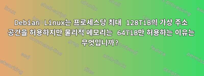 Debian Linux는 프로세스당 최대 128TiB의 가상 주소 공간을 허용하지만 물리적 메모리는 64TiB만 허용하는 이유는 무엇입니까?