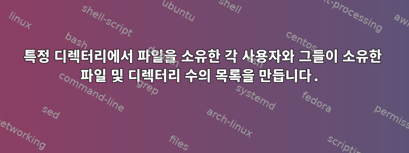 특정 디렉터리에서 파일을 소유한 각 사용자와 그들이 소유한 파일 및 디렉터리 수의 목록을 만듭니다.