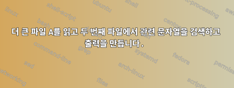 더 큰 파일 A를 읽고 두 번째 파일에서 관련 문자열을 검색하고 출력을 만듭니다.