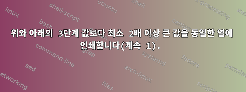 위와 아래의 3단계 값보다 최소 2배 이상 큰 값을 동일한 열에 인쇄합니다(계속 1).