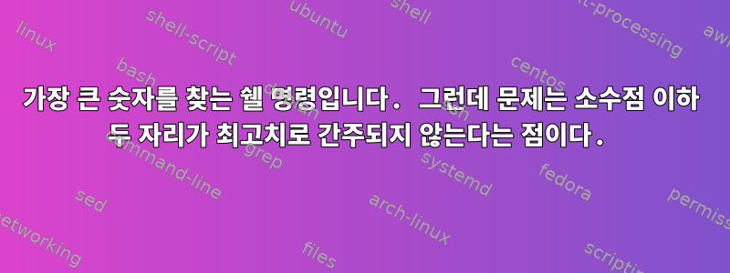 가장 큰 숫자를 찾는 쉘 명령입니다. 그런데 문제는 소수점 이하 두 자리가 최고치로 간주되지 않는다는 점이다.