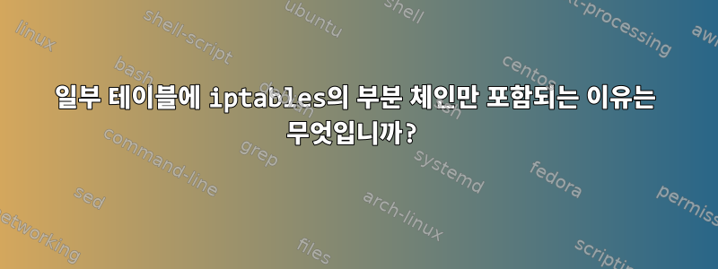 일부 테이블에 iptables의 부분 체인만 포함되는 이유는 무엇입니까?