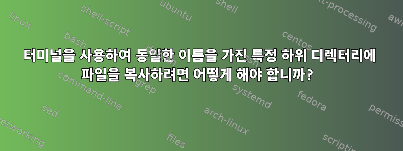 터미널을 사용하여 동일한 이름을 가진 특정 하위 디렉터리에 파일을 복사하려면 어떻게 해야 합니까?