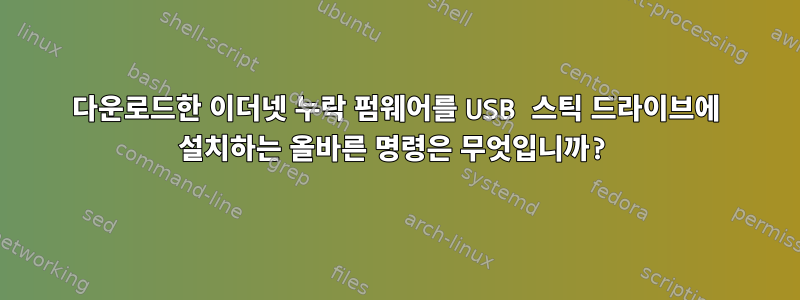 다운로드한 이더넷 누락 펌웨어를 USB 스틱 드라이브에 설치하는 올바른 명령은 무엇입니까?