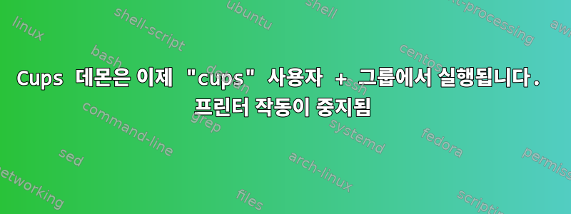 Cups 데몬은 이제 "cups" 사용자 + 그룹에서 실행됩니다. 프린터 작동이 중지됨