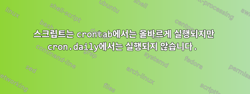 스크립트는 crontab에서는 올바르게 실행되지만 cron.daily에서는 실행되지 않습니다.