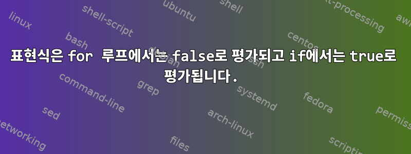 표현식은 for 루프에서는 false로 평가되고 if에서는 true로 평가됩니다.