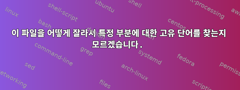 이 파일을 어떻게 잘라서 특정 부분에 대한 고유 단어를 찾는지 모르겠습니다.