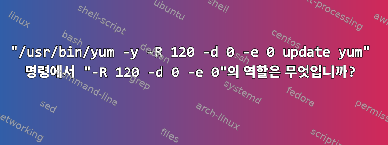 "/usr/bin/yum -y -R 120 -d 0 -e 0 update yum" 명령에서 "-R 120 -d 0 -e 0"의 역할은 무엇입니까?