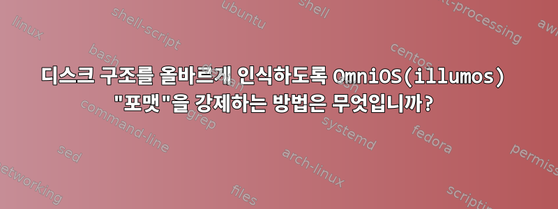 디스크 구조를 올바르게 인식하도록 OmniOS(illumos) "포맷"을 강제하는 방법은 무엇입니까?