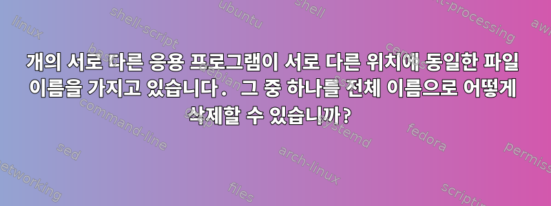 3개의 서로 다른 응용 프로그램이 서로 다른 위치에 동일한 파일 이름을 가지고 있습니다. 그 중 하나를 전체 이름으로 어떻게 삭제할 수 있습니까?