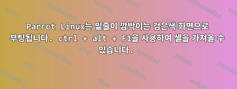 Parrot Linux는 밑줄이 깜박이는 검은색 화면으로 부팅됩니다. ctrl + alt + F1을 사용하여 셸을 가져올 수 있습니다.