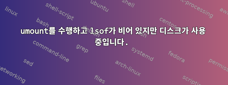 umount를 수행하고 lsof가 비어 있지만 디스크가 사용 중입니다.