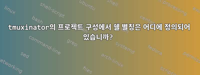 tmuxinator의 프로젝트 구성에서 쉘 별칭은 어디에 정의되어 있습니까?