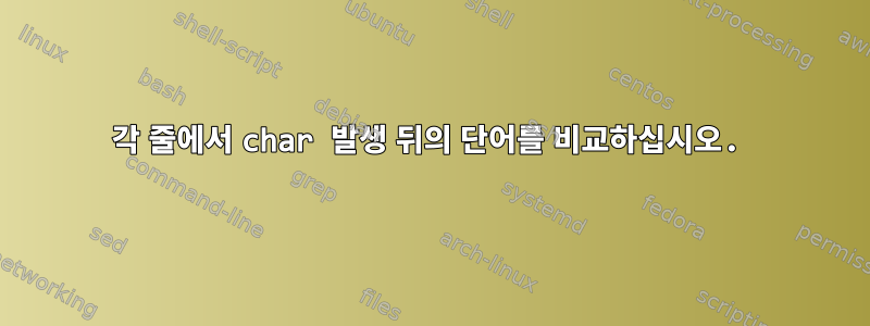 각 줄에서 char 발생 뒤의 단어를 비교하십시오.