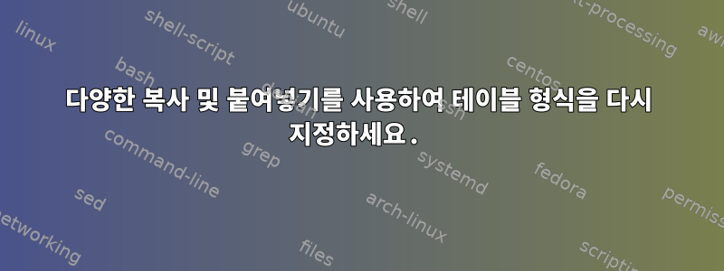 다양한 복사 및 붙여넣기를 사용하여 테이블 형식을 다시 지정하세요.