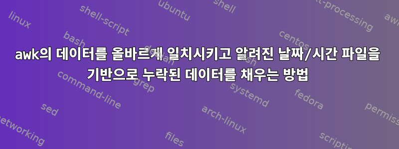 awk의 데이터를 올바르게 일치시키고 알려진 날짜/시간 파일을 기반으로 누락된 데이터를 채우는 방법