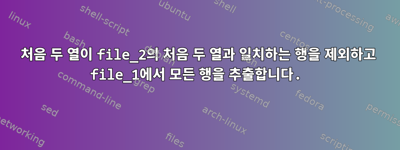 처음 두 열이 file_2의 처음 두 열과 일치하는 행을 제외하고 file_1에서 모든 행을 추출합니다.