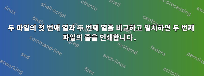 두 파일의 첫 번째 열과 두 번째 열을 비교하고 일치하면 두 번째 파일의 줄을 인쇄합니다.