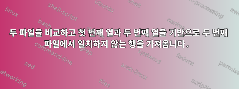 두 파일을 비교하고 첫 번째 열과 두 번째 열을 기반으로 두 번째 파일에서 일치하지 않는 행을 가져옵니다.