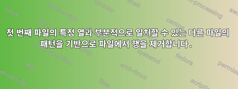 첫 번째 파일의 특정 열과 부분적으로 일치할 수 있는 다른 파일의 패턴을 기반으로 파일에서 행을 제거합니다.