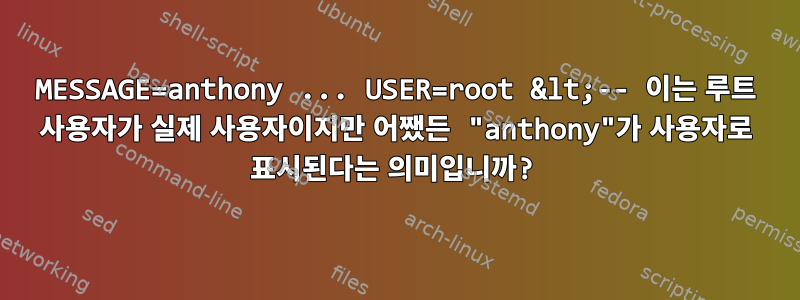 MESSAGE=anthony ... USER=root &lt;-- 이는 루트 사용자가 실제 사용자이지만 어쨌든 "anthony"가 사용자로 표시된다는 의미입니까?