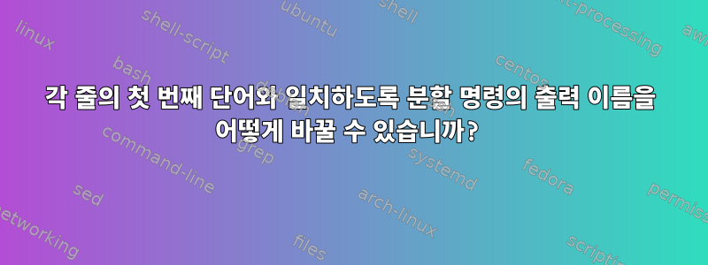 각 줄의 첫 번째 단어와 일치하도록 분할 명령의 출력 이름을 어떻게 바꿀 수 있습니까?