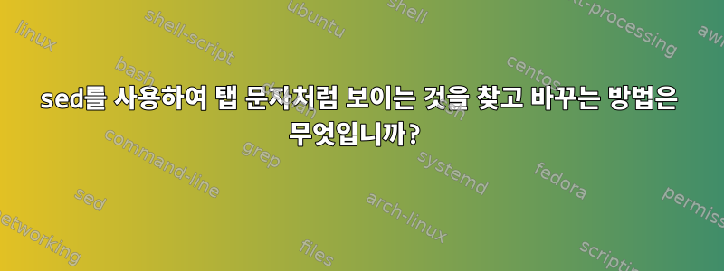 sed를 사용하여 탭 문자처럼 보이는 것을 찾고 바꾸는 방법은 무엇입니까?