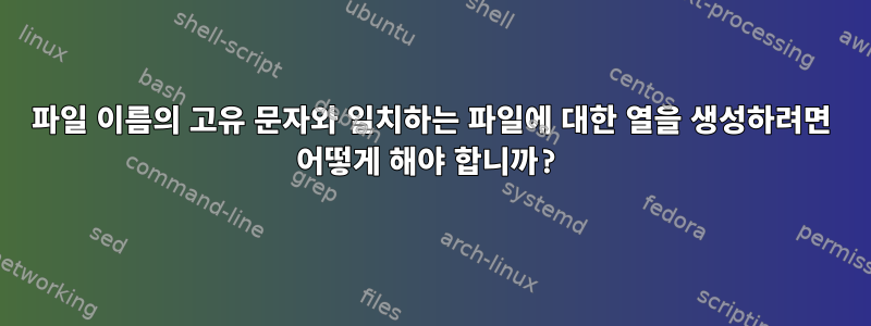 파일 이름의 고유 문자와 일치하는 파일에 대한 열을 생성하려면 어떻게 해야 합니까?