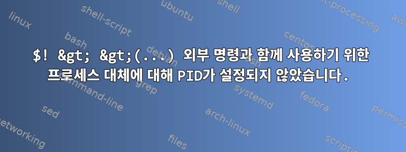 $! &gt; &gt;(...) 외부 명령과 함께 사용하기 위한 프로세스 대체에 대해 PID가 설정되지 않았습니다.