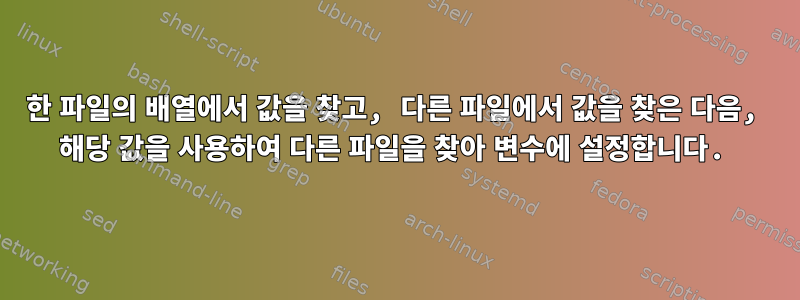 한 파일의 배열에서 값을 찾고, 다른 파일에서 값을 찾은 다음, 해당 값을 사용하여 다른 파일을 찾아 변수에 설정합니다.