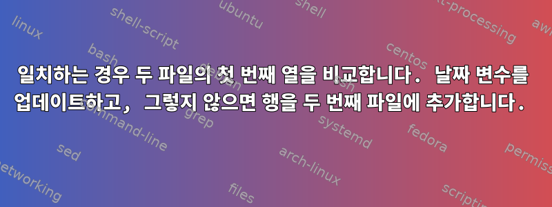 일치하는 경우 두 파일의 첫 번째 열을 비교합니다. 날짜 변수를 업데이트하고, 그렇지 않으면 행을 두 번째 파일에 추가합니다.